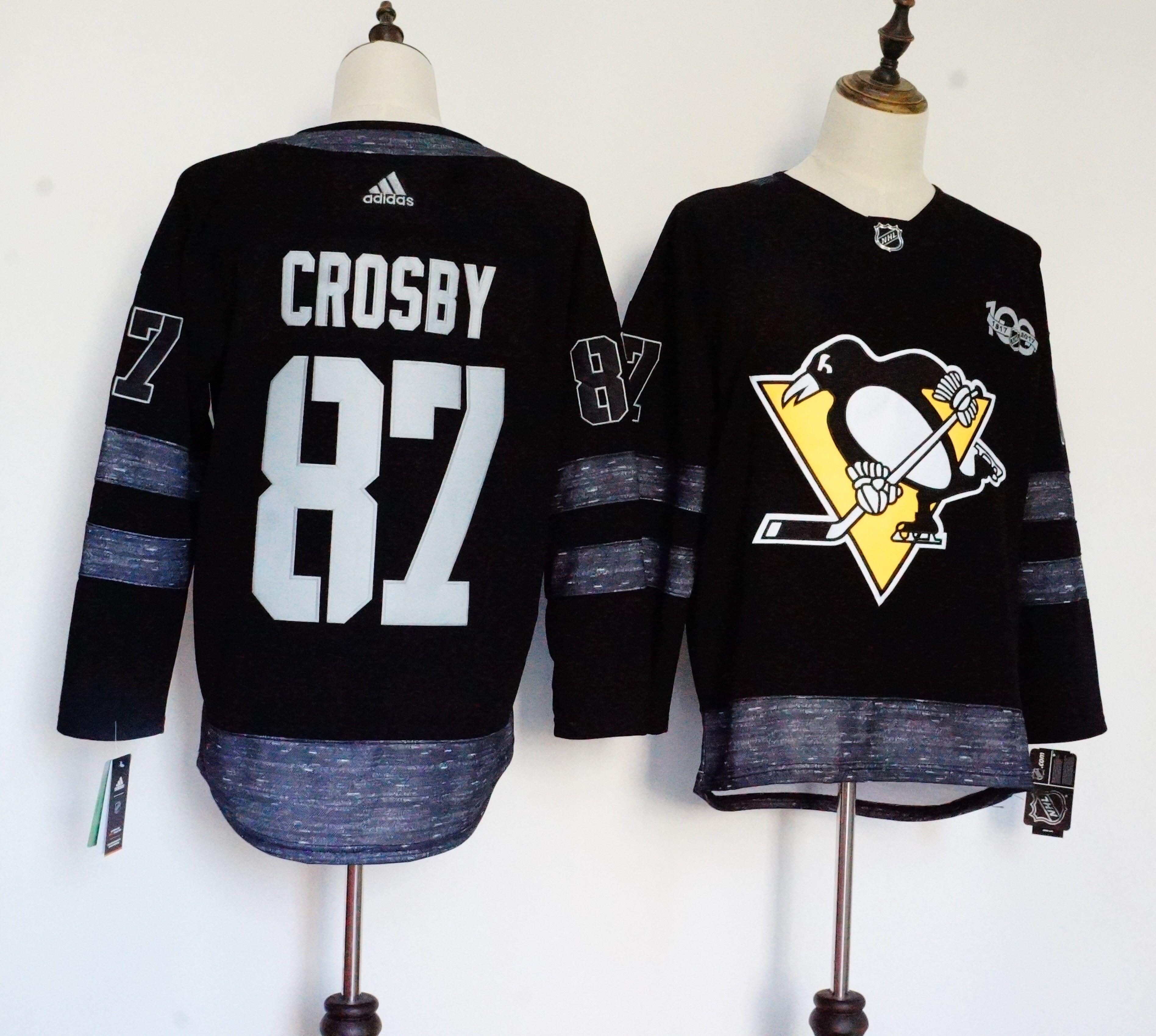 Men Pittsburgh Penguins #87 Crosby Black 100th Anniversary Stitched Adidas NHL Jerseys